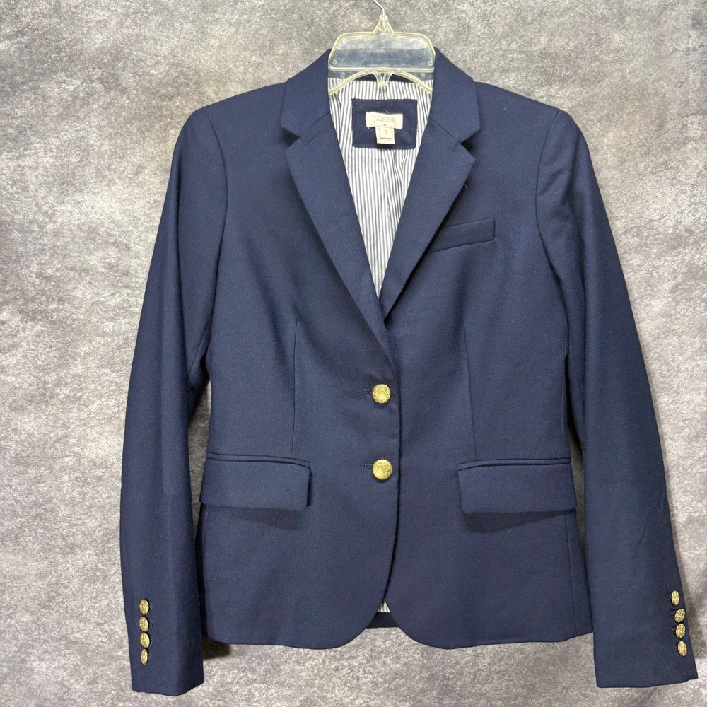J.Crew Navy Blue Schoolboy Blazer Size 0 Gold Crest Buttons Wool Blend Preppy